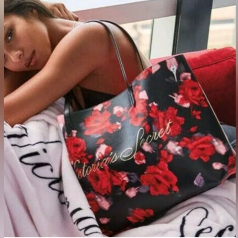 Victoria Secret Large Red Rose Floral Faux Leather Tote Bag NWOT